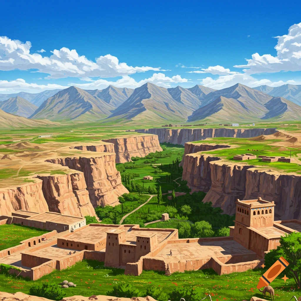 Panoramic view of a canyon landscape with traditional buildings and mountains.