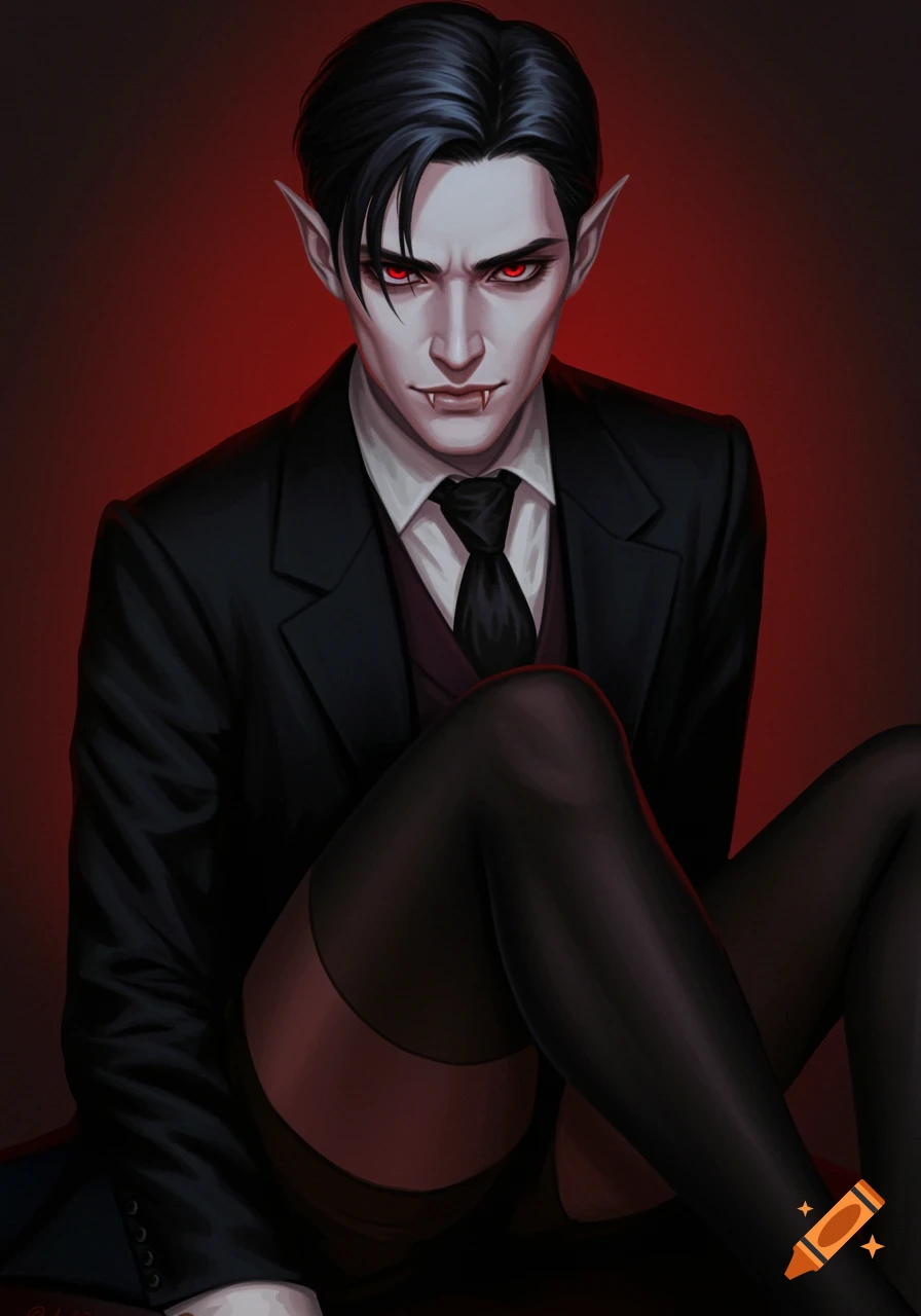 Digital painting of a male vampire in a suit jacket and black pantyhose against a red background.