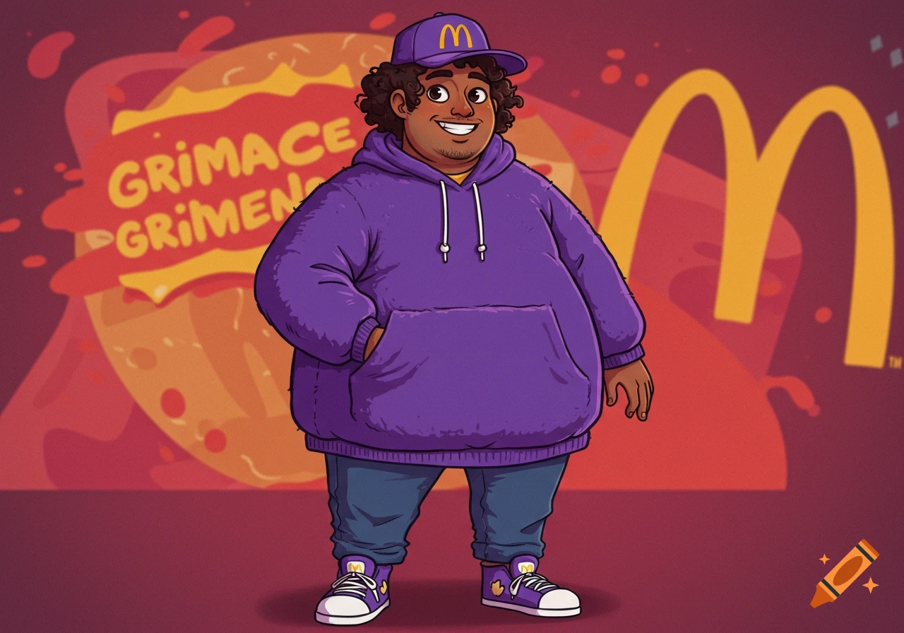 A cartoon of a chubby man in a purple hoodie and cap, resembling Grimace, standing before a background with text and McDonald's logo.