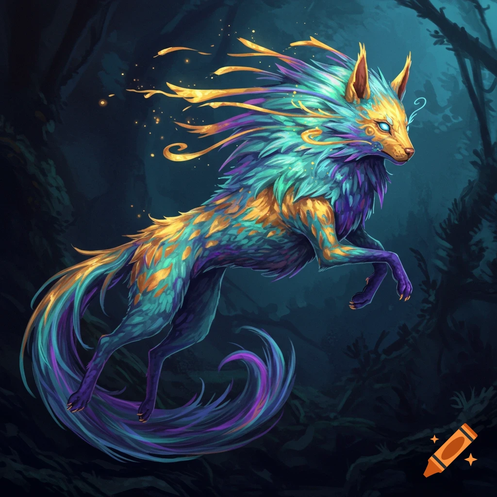 A vibrant, furry fantasy creature with teal, purple, and gold markings ...