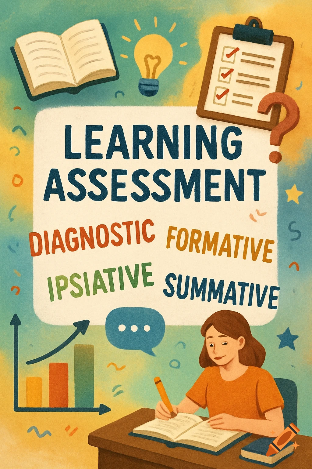 Illustration on learning assessment with key terms, icons, charts, and a student at a desk.