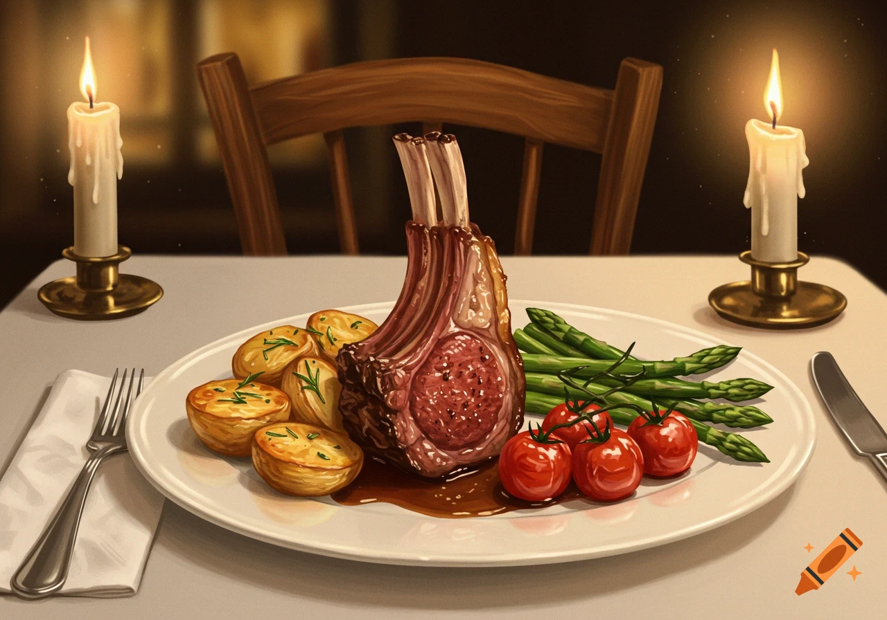 A digital painting of a lamb chop dinner with potatoes, asparagus, and tomatoes on a table with candles.