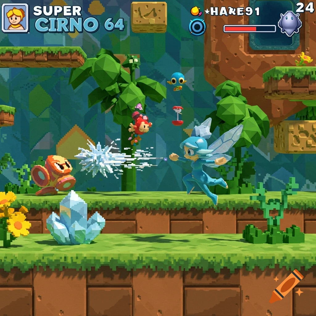 A pixel art platformer video game screenshot showing a character shooting ice at an enemy on a grassy level with UI.