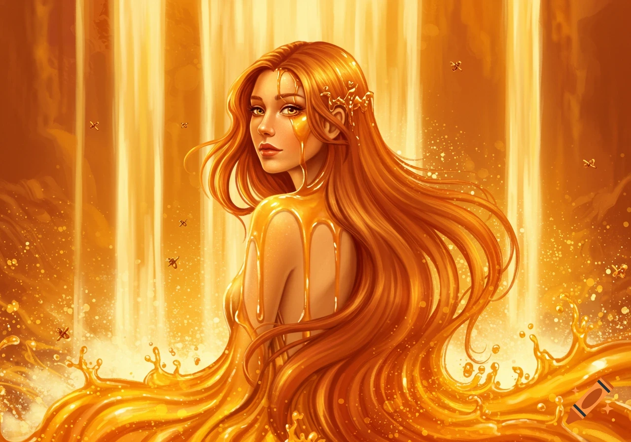 Illustrated fantasy portrait of a woman covered in dripping honey in a golden waterfall.