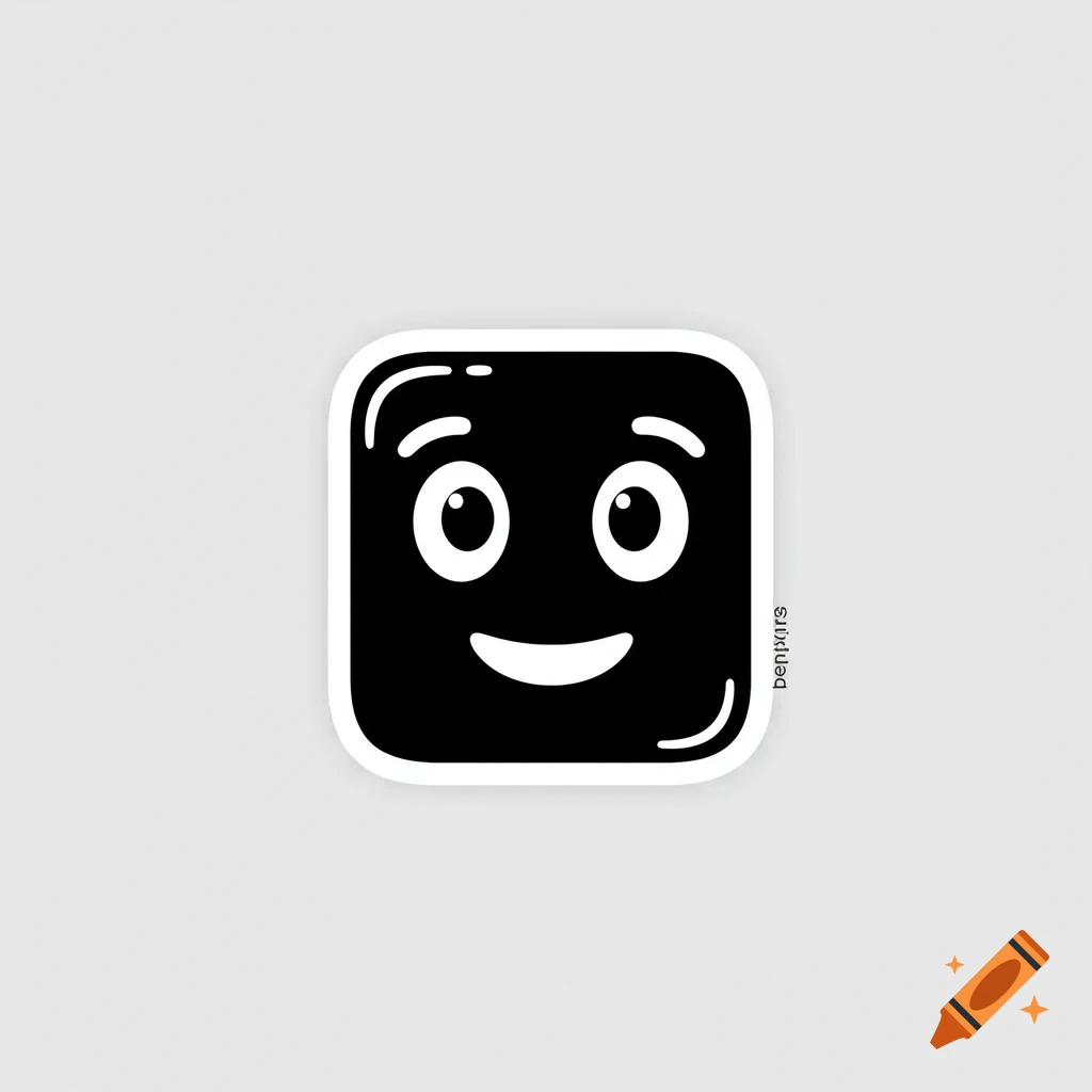 A black square sticker with a simple smiling emoji face on a light background.