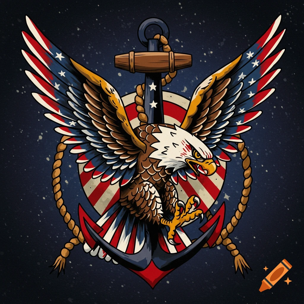 Sailor Jerry style patriotic eagle with American flag wings perched on an anchor.