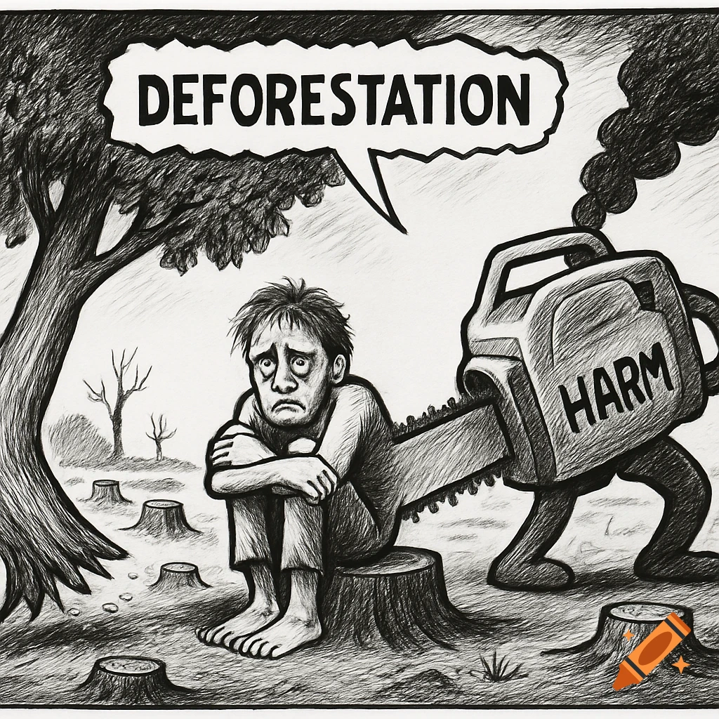 A political cartoon drawing shows a sad man on a stump, a walking chainsaw labeled 'HARM' approaching, with text 'DEFORESTATION'.
