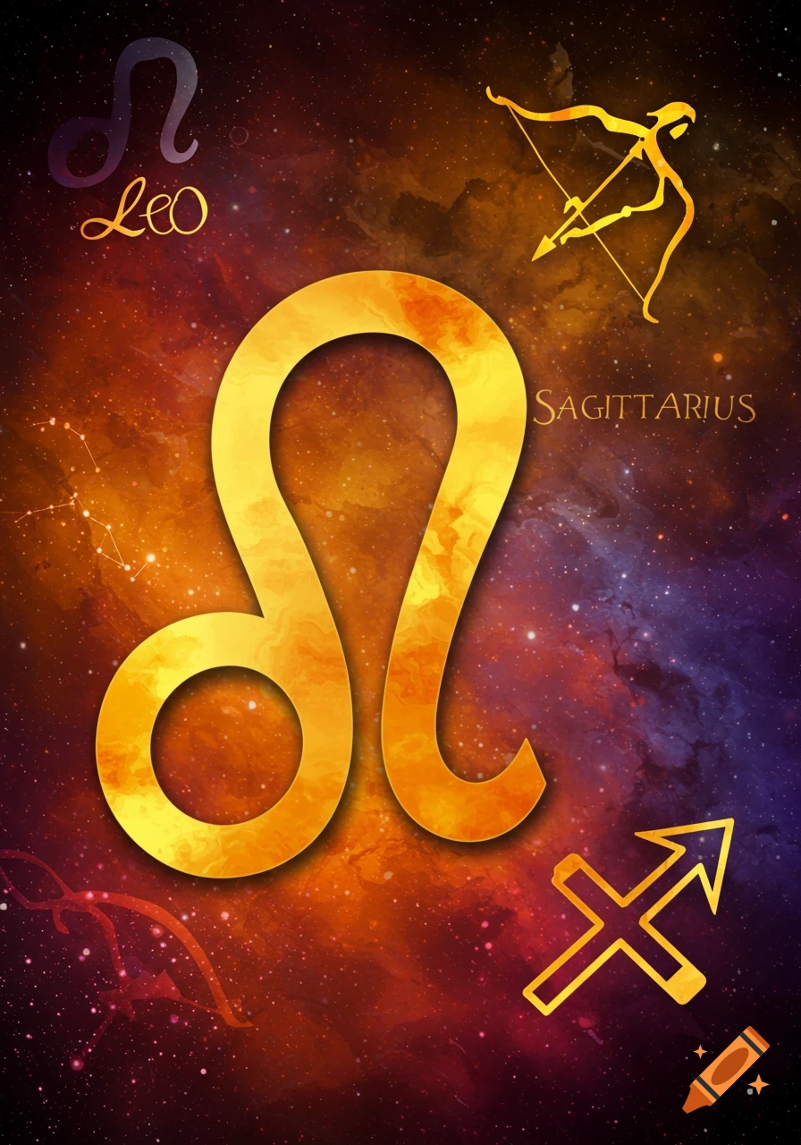 A large golden Leo zodiac symbol and text against a colorful space background with Sagittarius symbols and text.