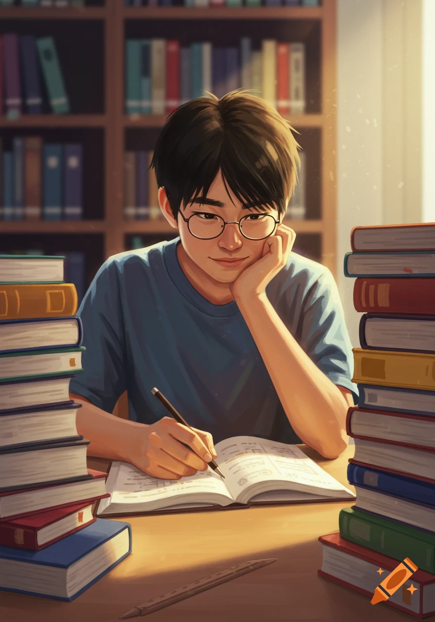 Illustration of a student with glasses studying at a desk with piles of books