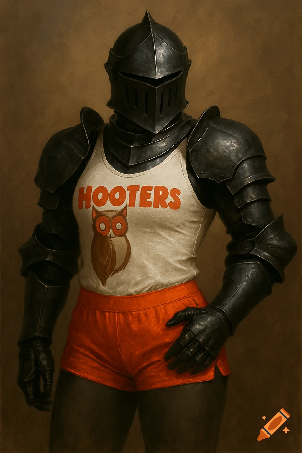A knight in black armor wears a Hooters tank top and orange shorts, painted in a portrait style.