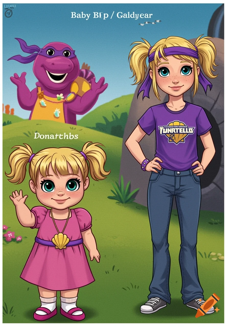 Cartoon illustration of a purple dinosaur, a baby girl, and a teen girl on a grassy hill.