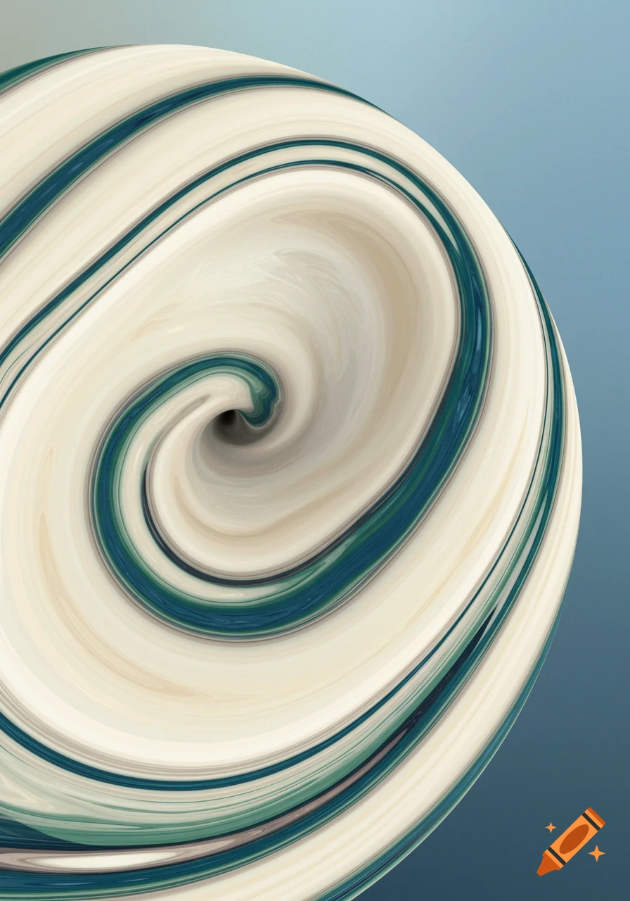 A close-up of a swirling abstract pattern in white, beige, blue, and green tones.