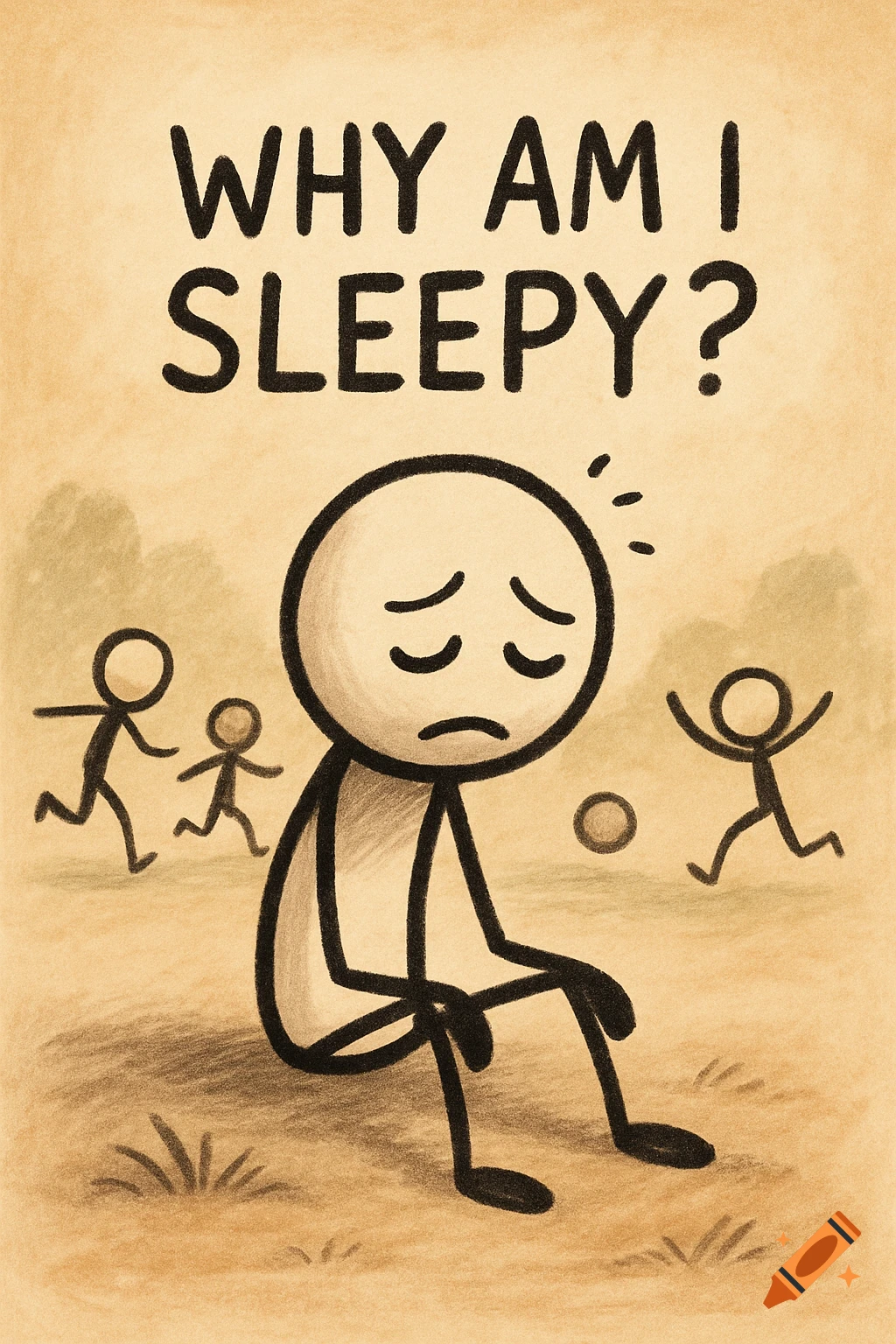 Sketch of a tired stick figure sitting while others play, with the text 'WHY AM I SLEEPY?' above.