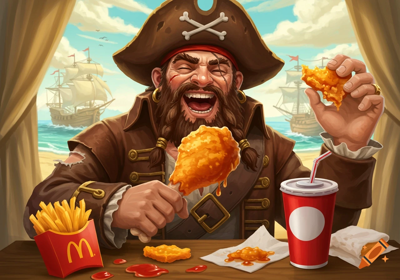 Cartoon illustration of a laughing pirate eating fried chicken with fries and soda. Ships in the background.