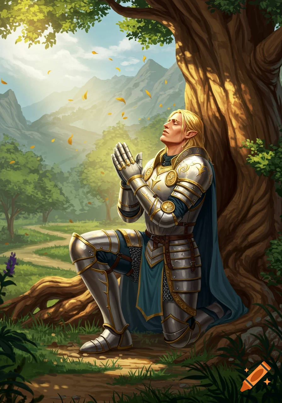 A knight in shiny armor kneels in prayer under a large tree in a sunlit forest.