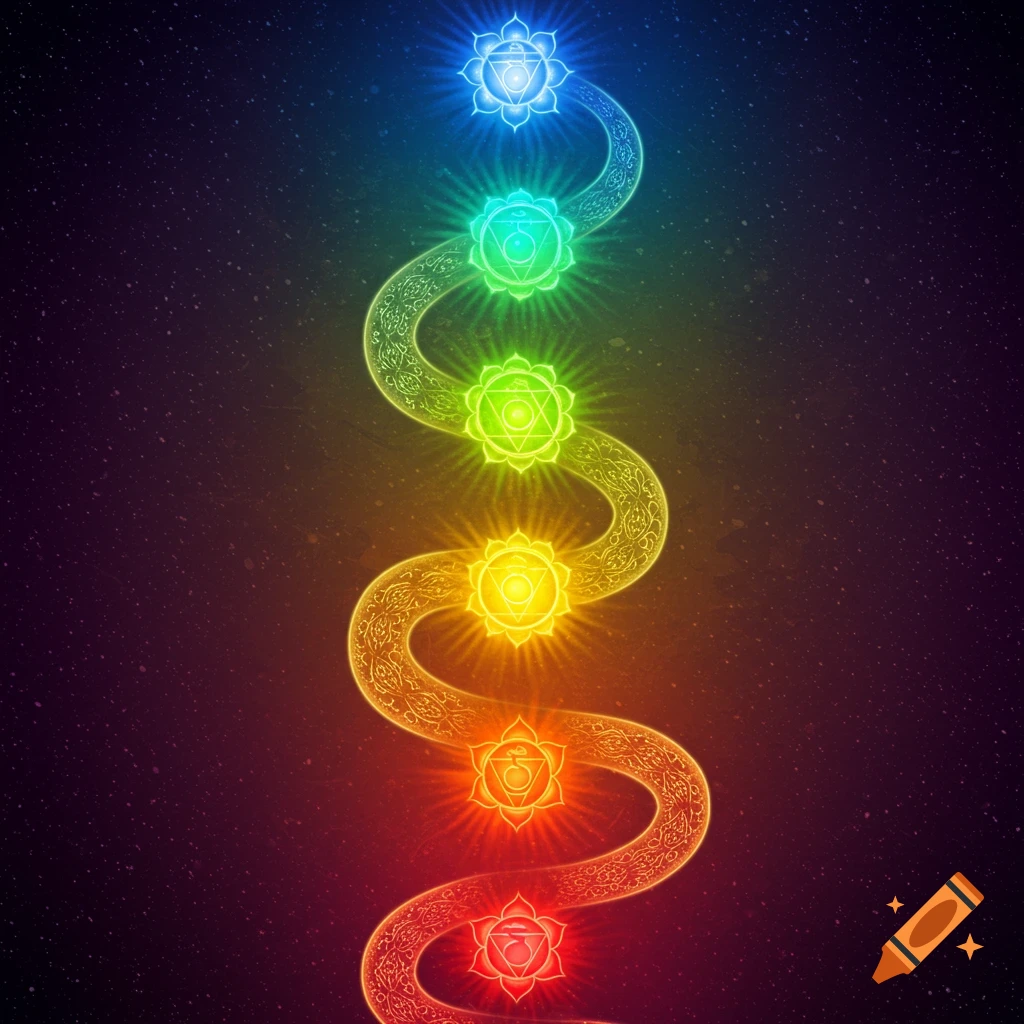 Glowing rainbow serpent and chakra symbols spiral upwards through starry space.