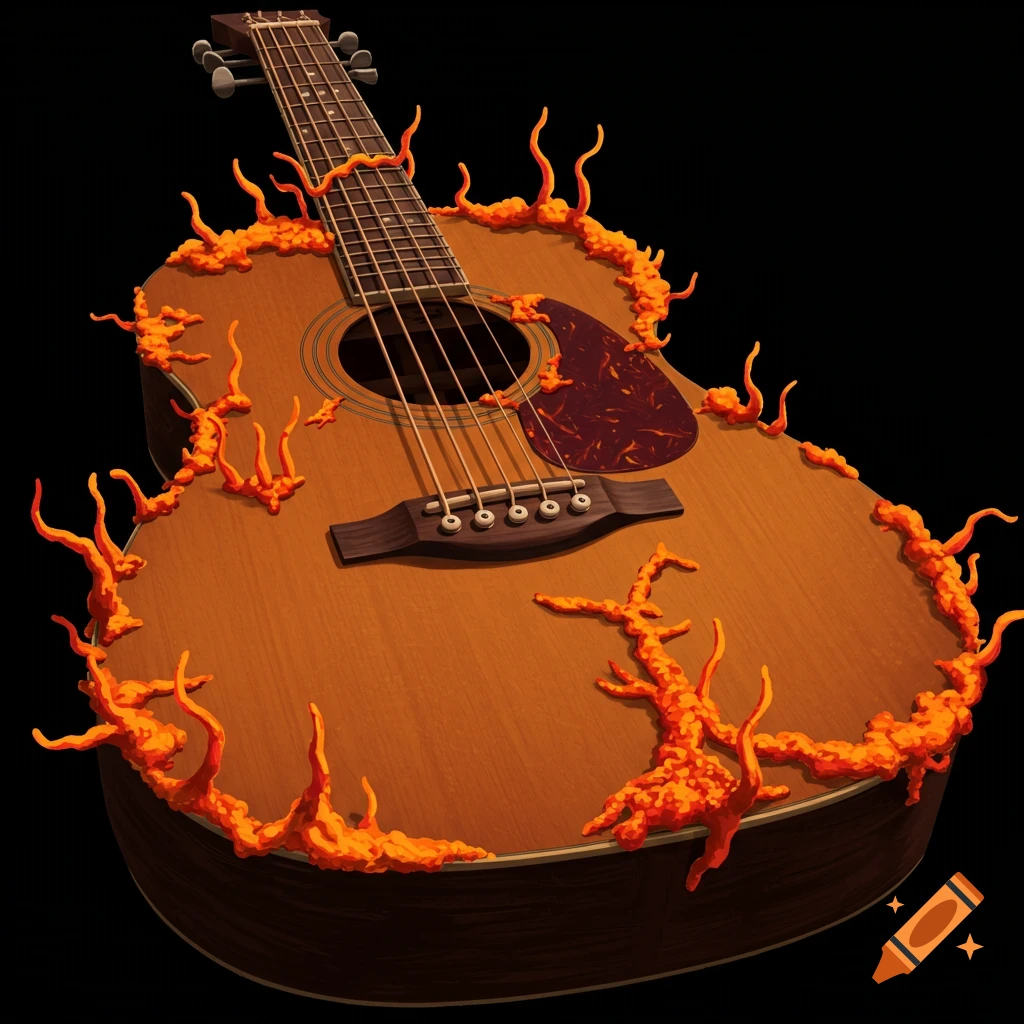 Acoustic guitar covered in orange fungal growths against a black background.