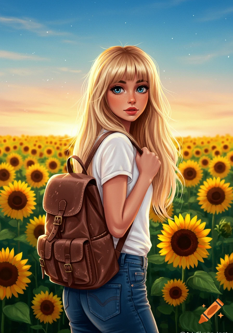 Illustration of a blonde woman with a backpack standing in a field of sunflowers