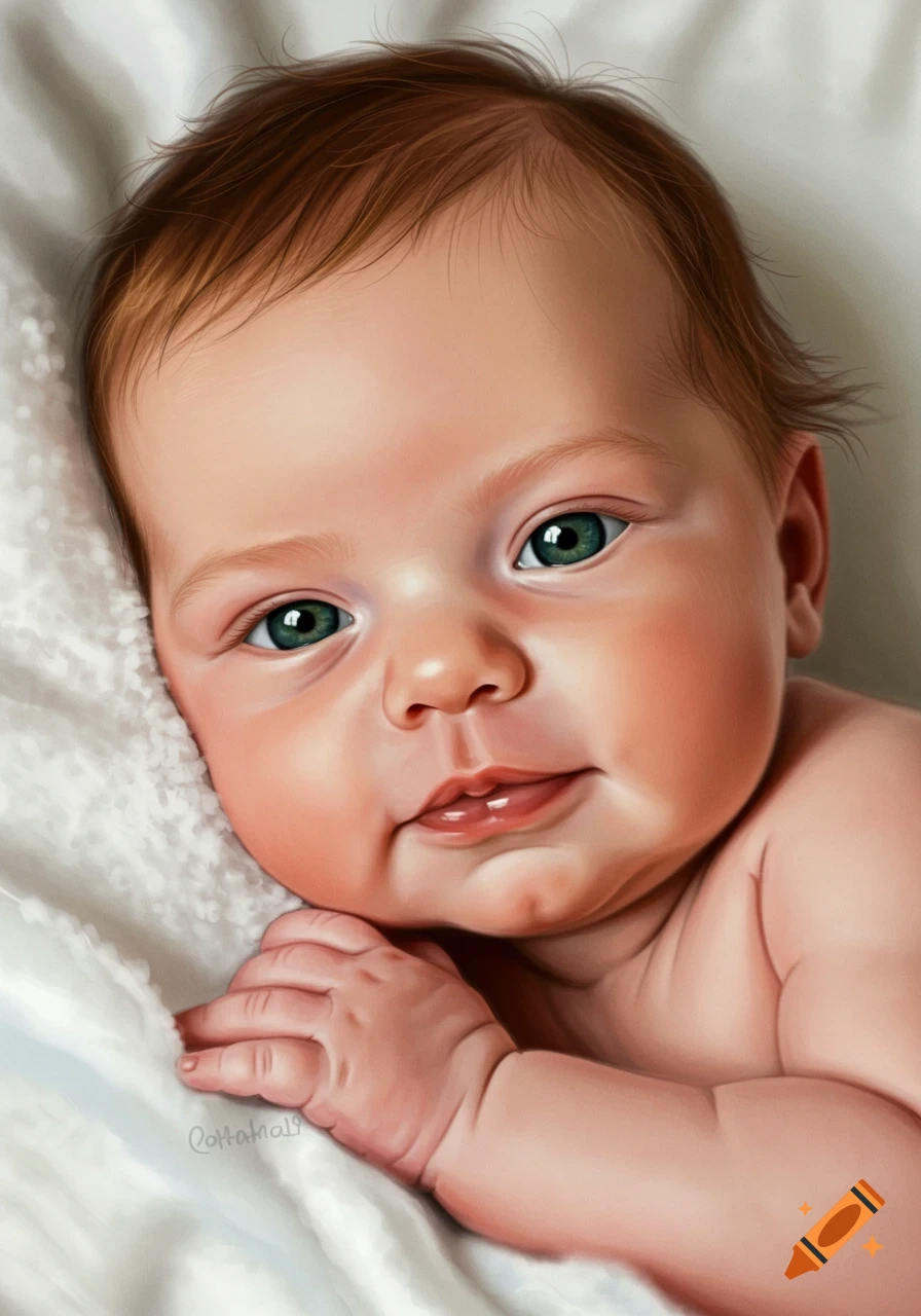 Close-up realistic portrait of a baby with auburn hair and green eyes.