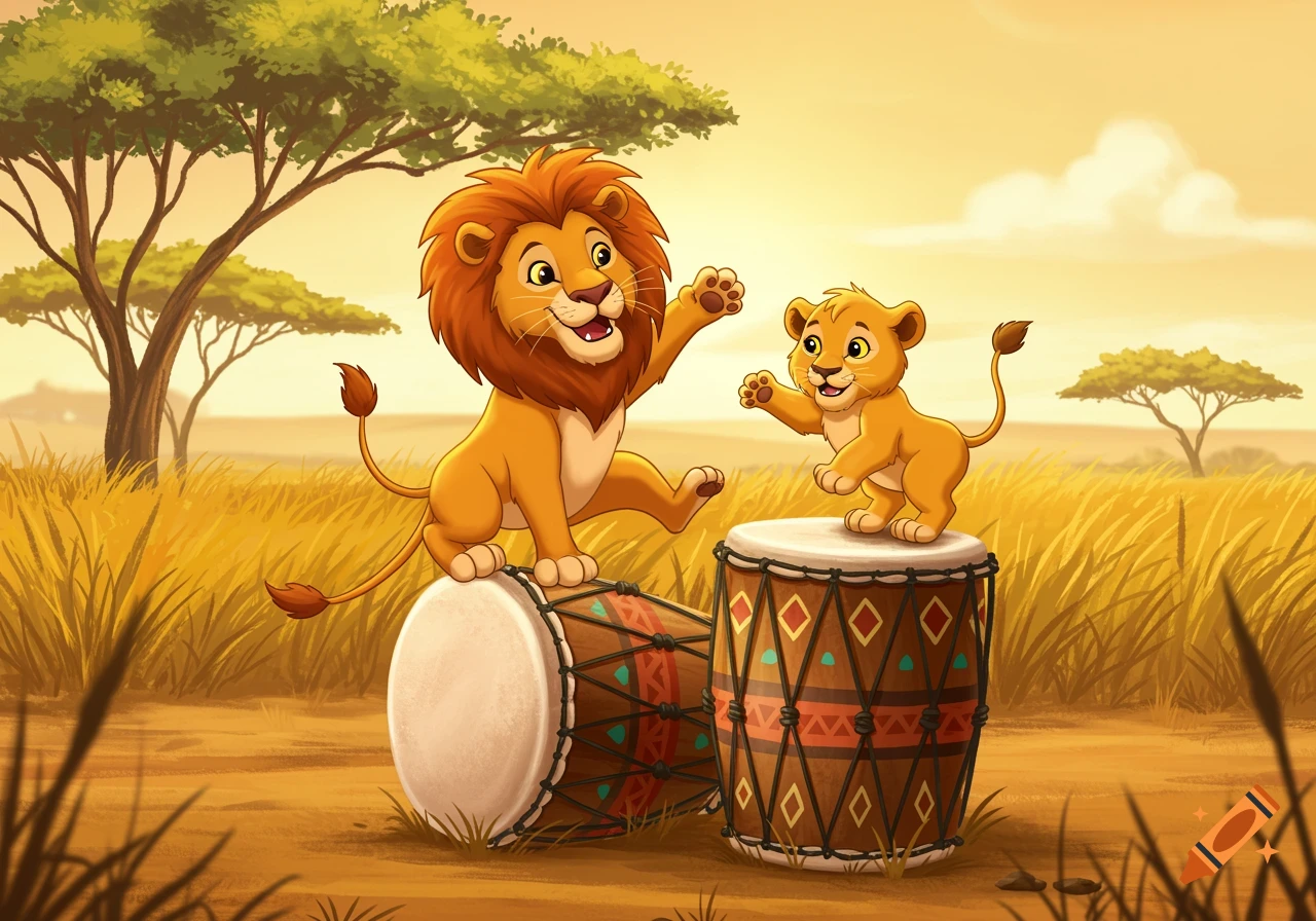 Cartoon lion and cub playing on African drums in a savanna.