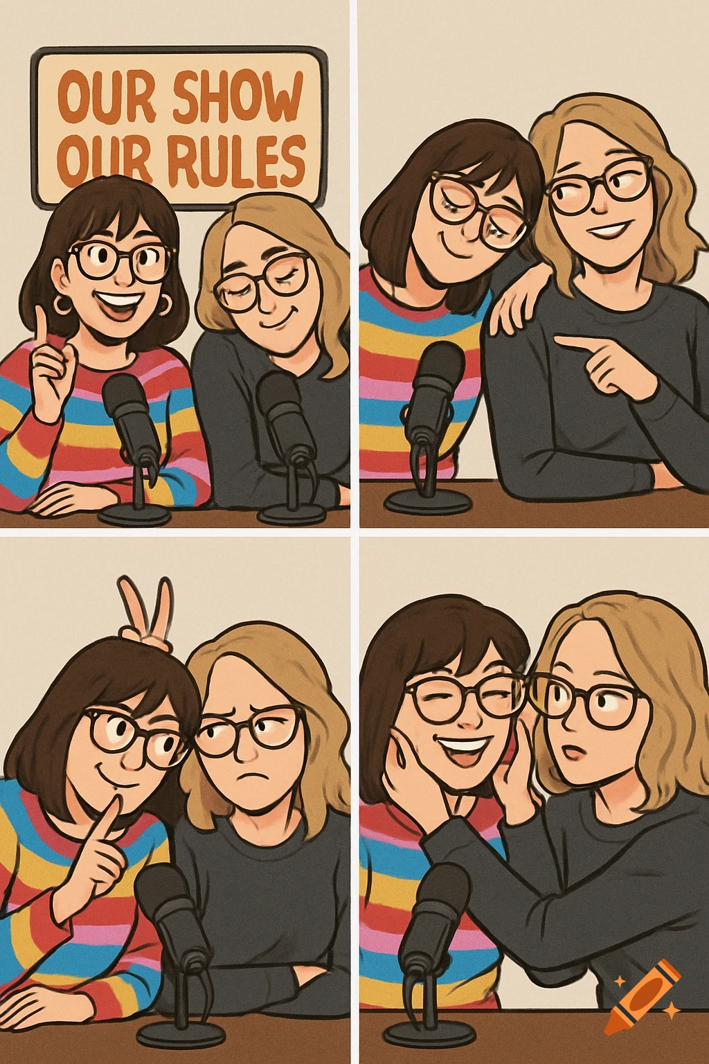 Cartoon of two women hosting a podcast in four panels, showing different poses and expressions.