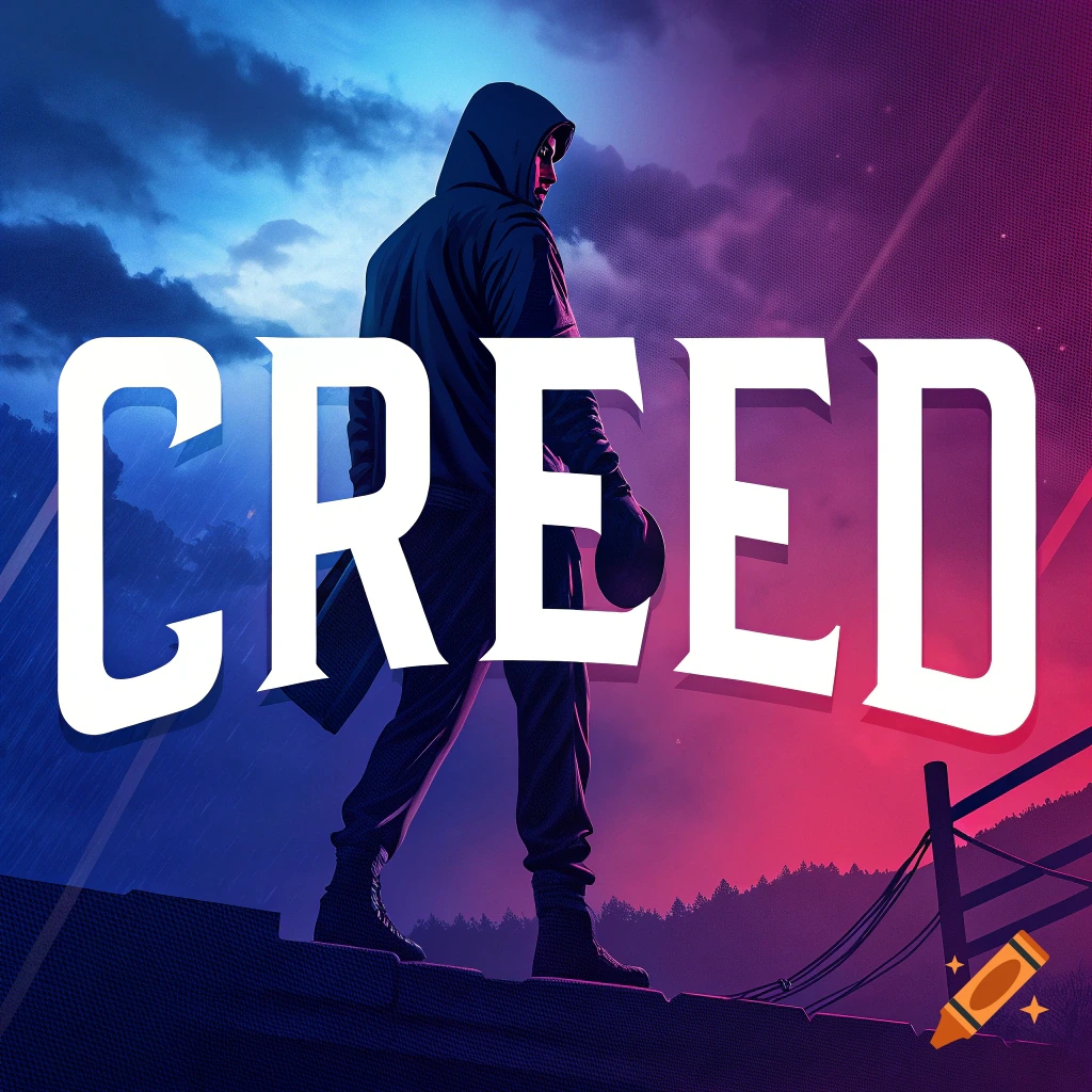 A person in a hooded sweatshirt and a boxing glove stands on a rooftop behind large text reading 'CREED'.