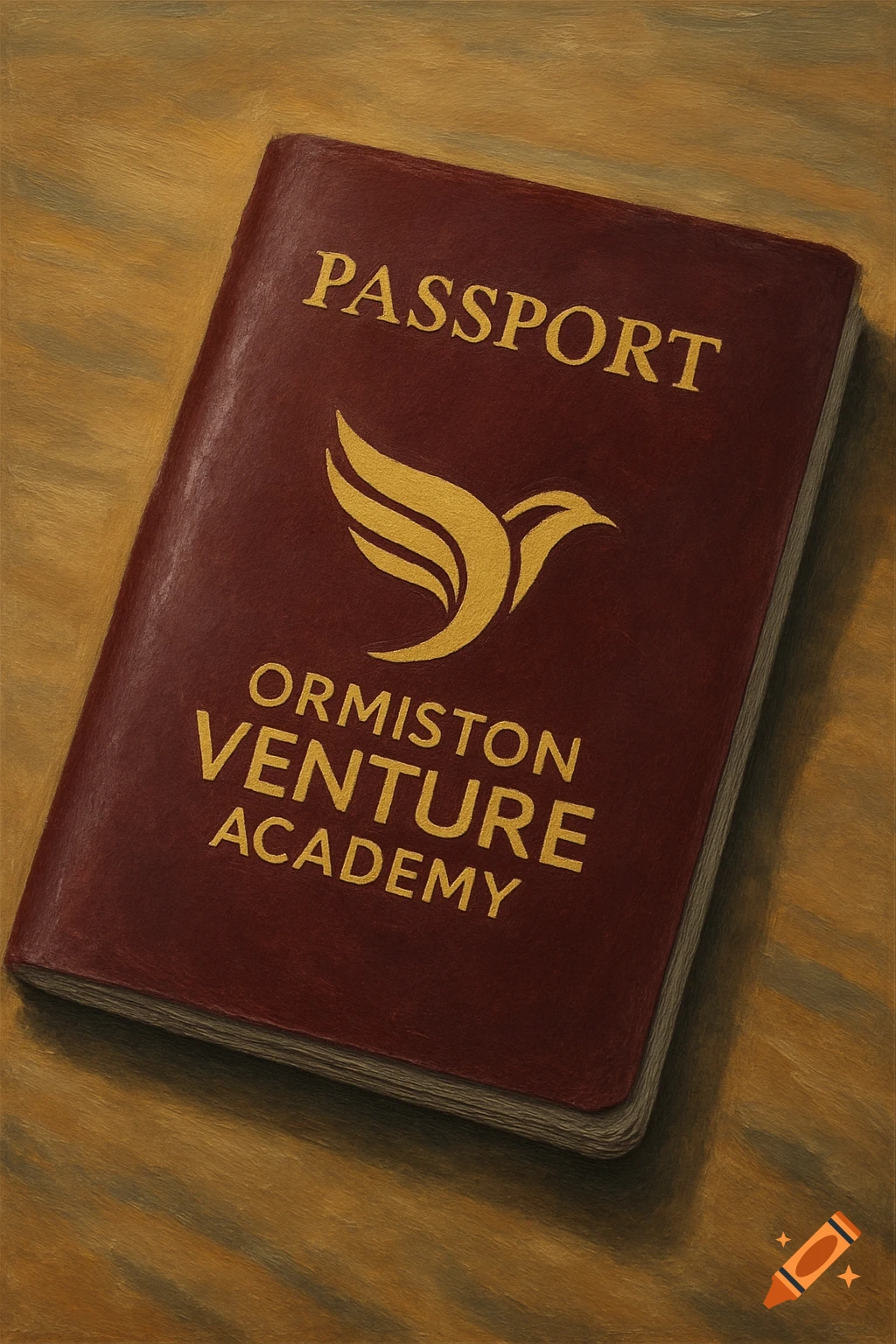 Close-up of a textured red passport with gold text and logo on a wooden surface.