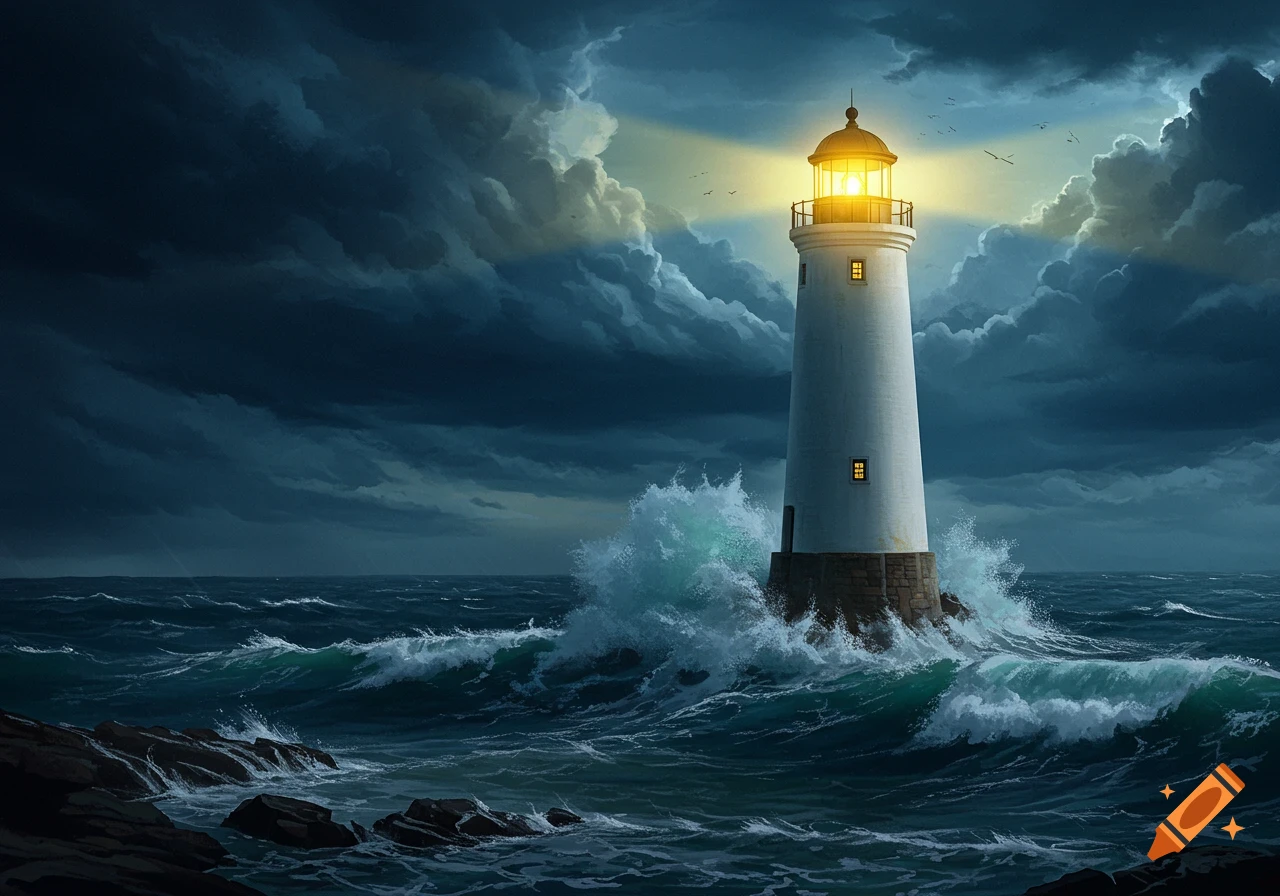 A white lighthouse on a rocky base is battered by large waves under a stormy sky with light streaming from the lantern.