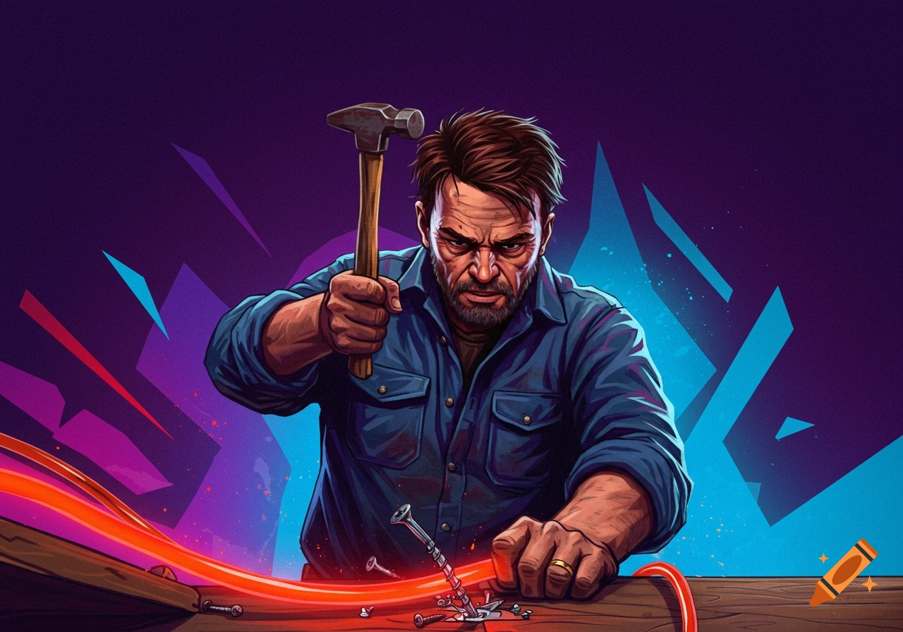 An illustration of a man intensely hammering a screw into an electrical cable.
