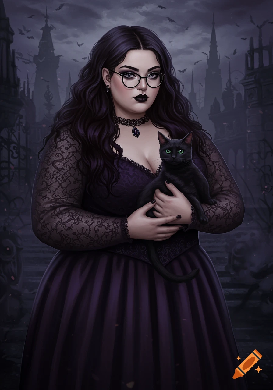 A gothic woman with dark hair and glasses holds a black cat in front of a dark castle.