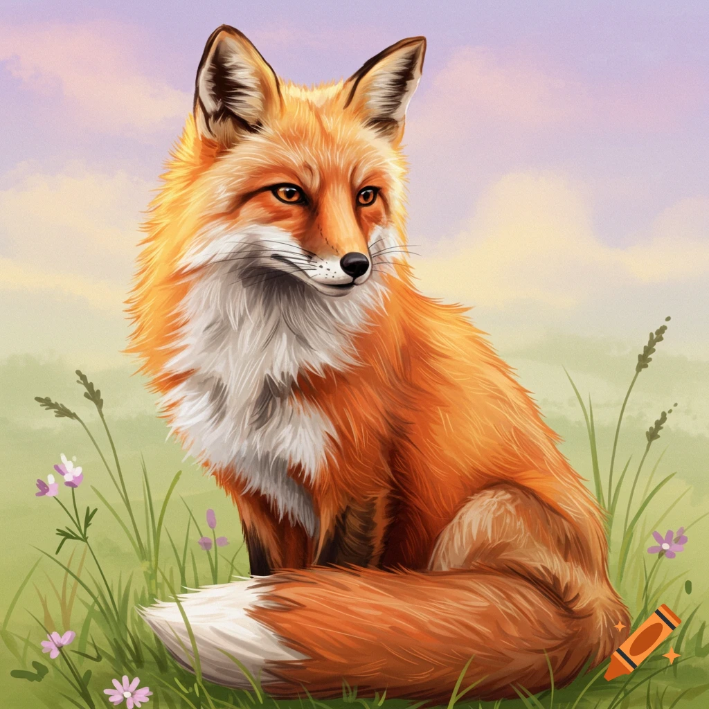 A painting of a red fox sitting in a field with wildflowers.