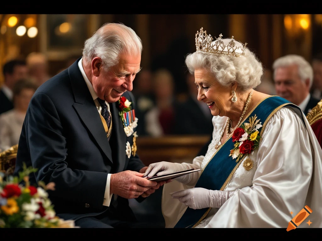 Man resembling King Charles in suit hands a card to woman resembling Queen Elizabeth in crown and sash, smiling.