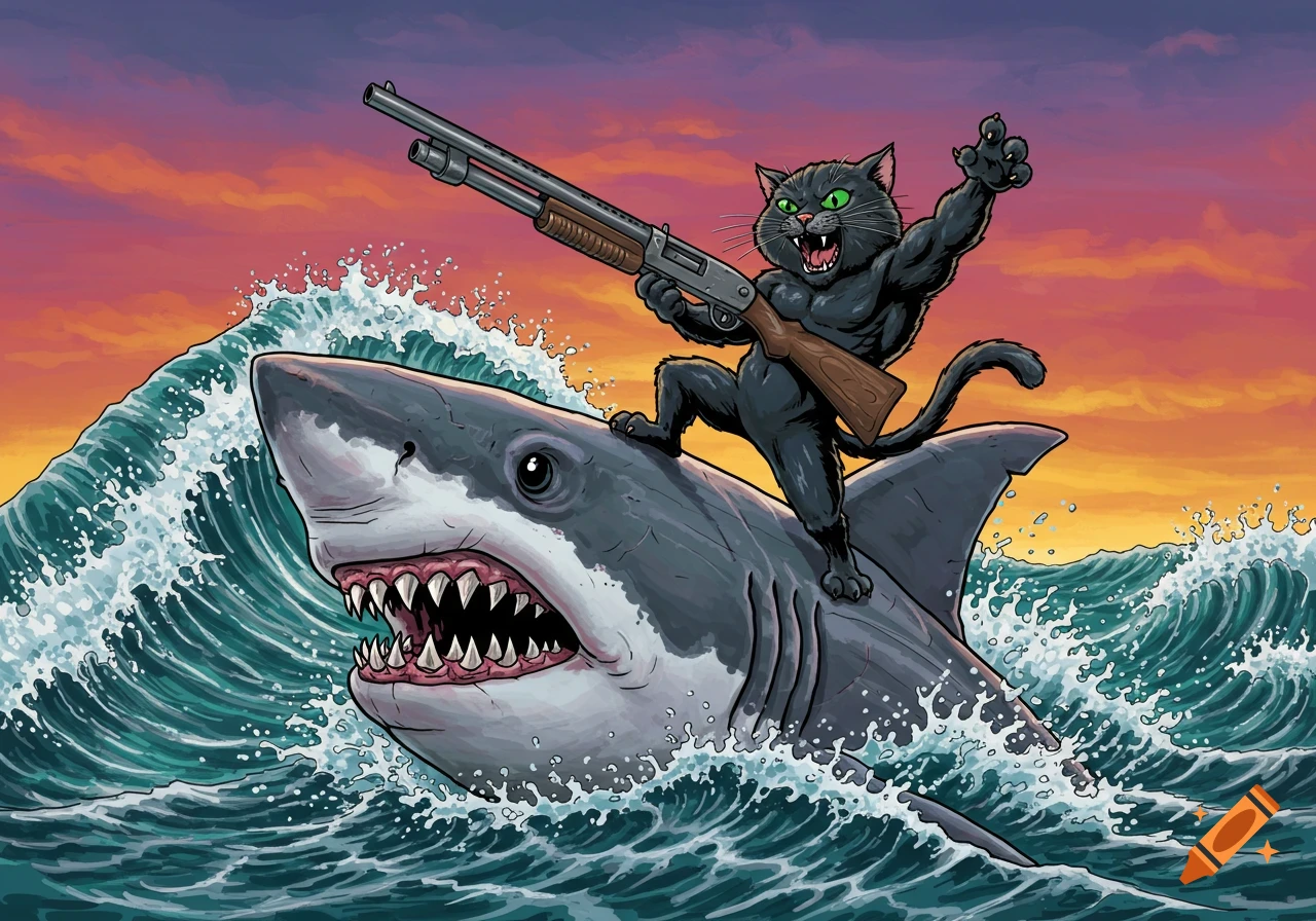 Illustration of a muscular black cat with a shotgun riding a shark through waves at sunset.