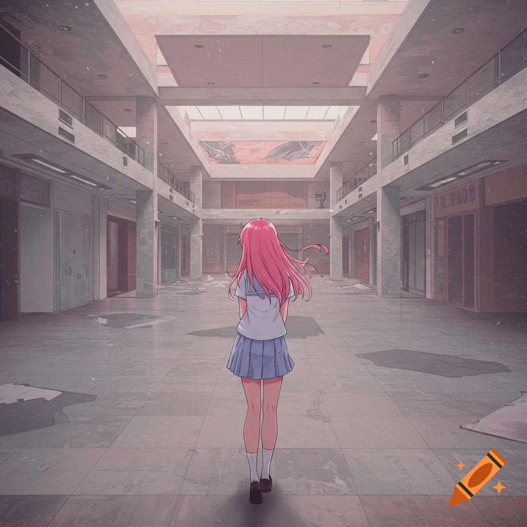 Pink haired anime girl stands in an empty, decaying shopping mall.