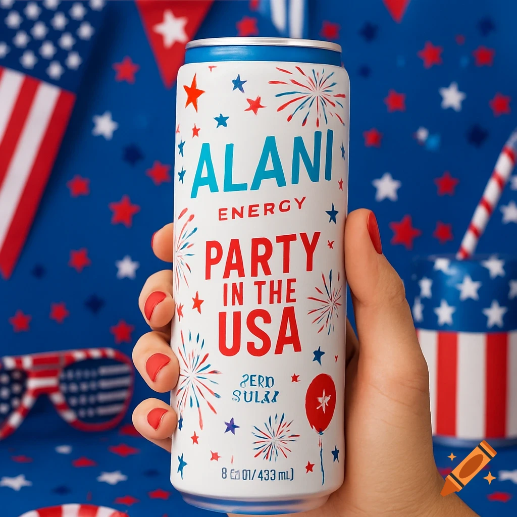 Hand holds a white energy drink can with red and blue stars and fireworks design, against a patriotic red, white, and blue background.