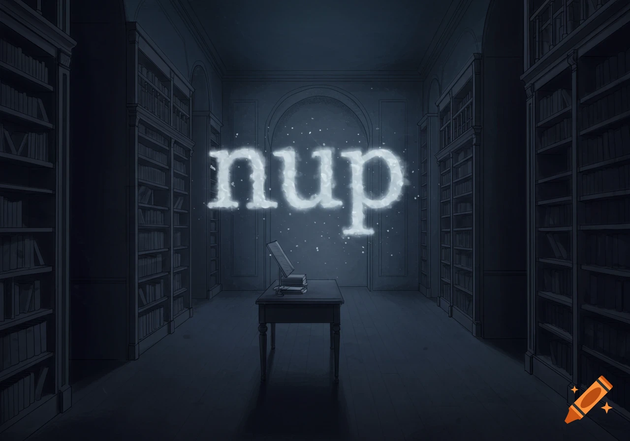 Drawing of a dark library with the word 'nup' glowing in the center