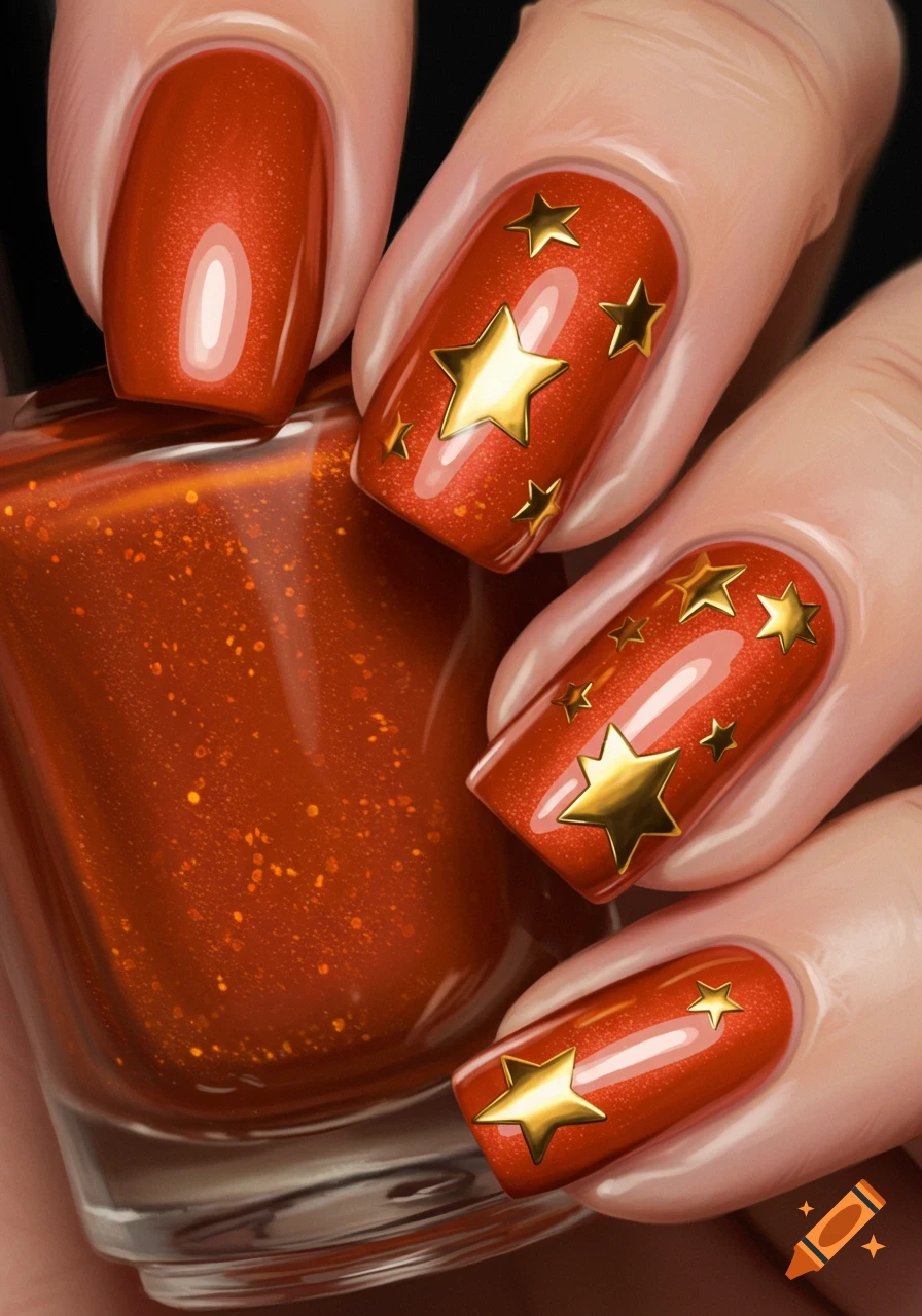Close-up of burnt orange nails with gold star stickers and a bottle of nail polish.