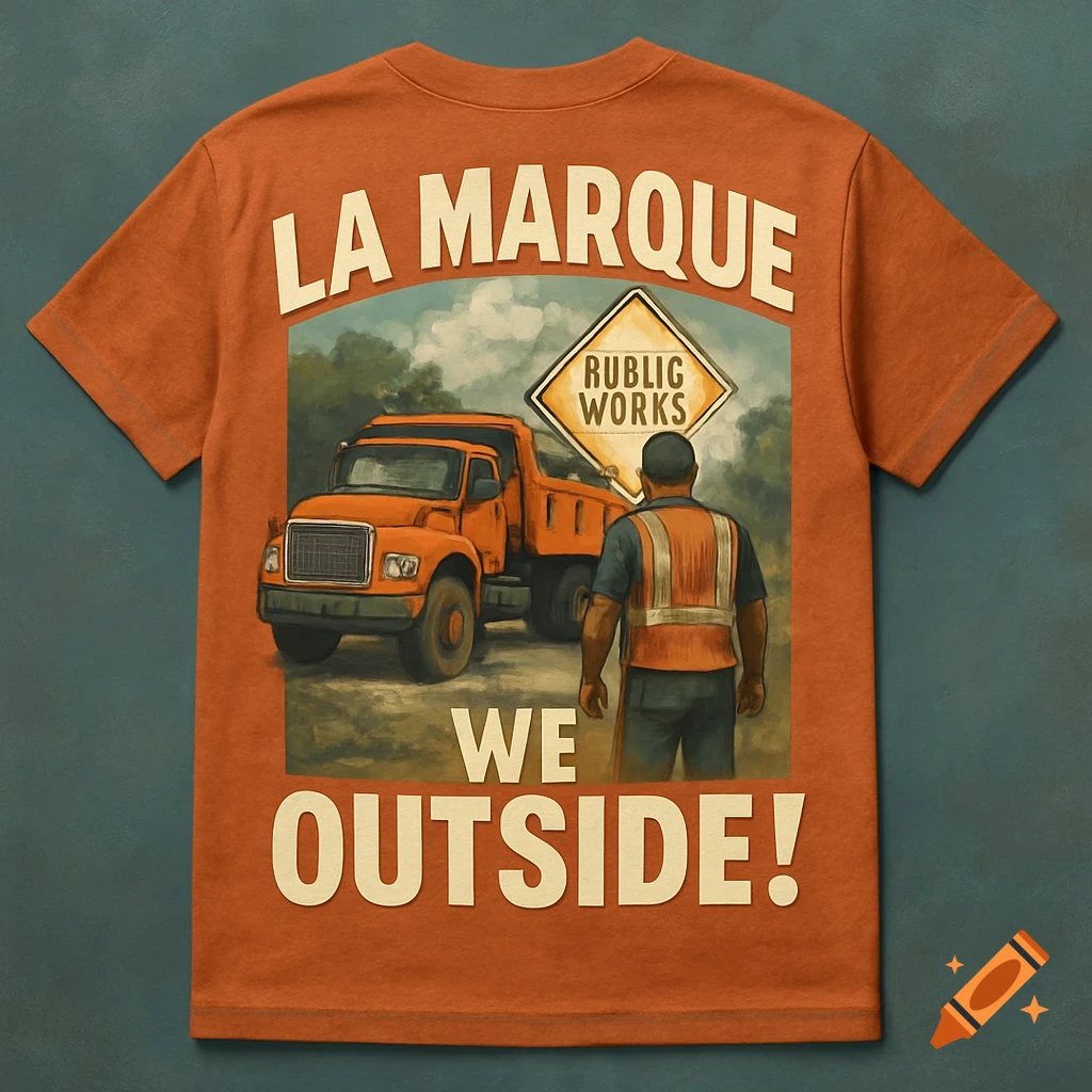 Orange t-shirt design featuring text, an orange dump truck, and a worker in a safety vest.