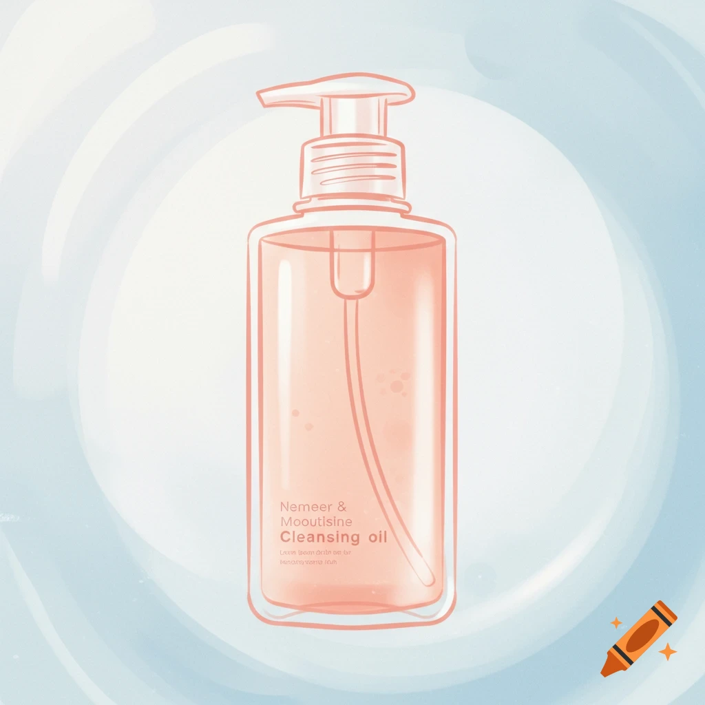 Outline illustration of a cleansing oil bottle with a pump dispenser on a blue and white watercolor background.