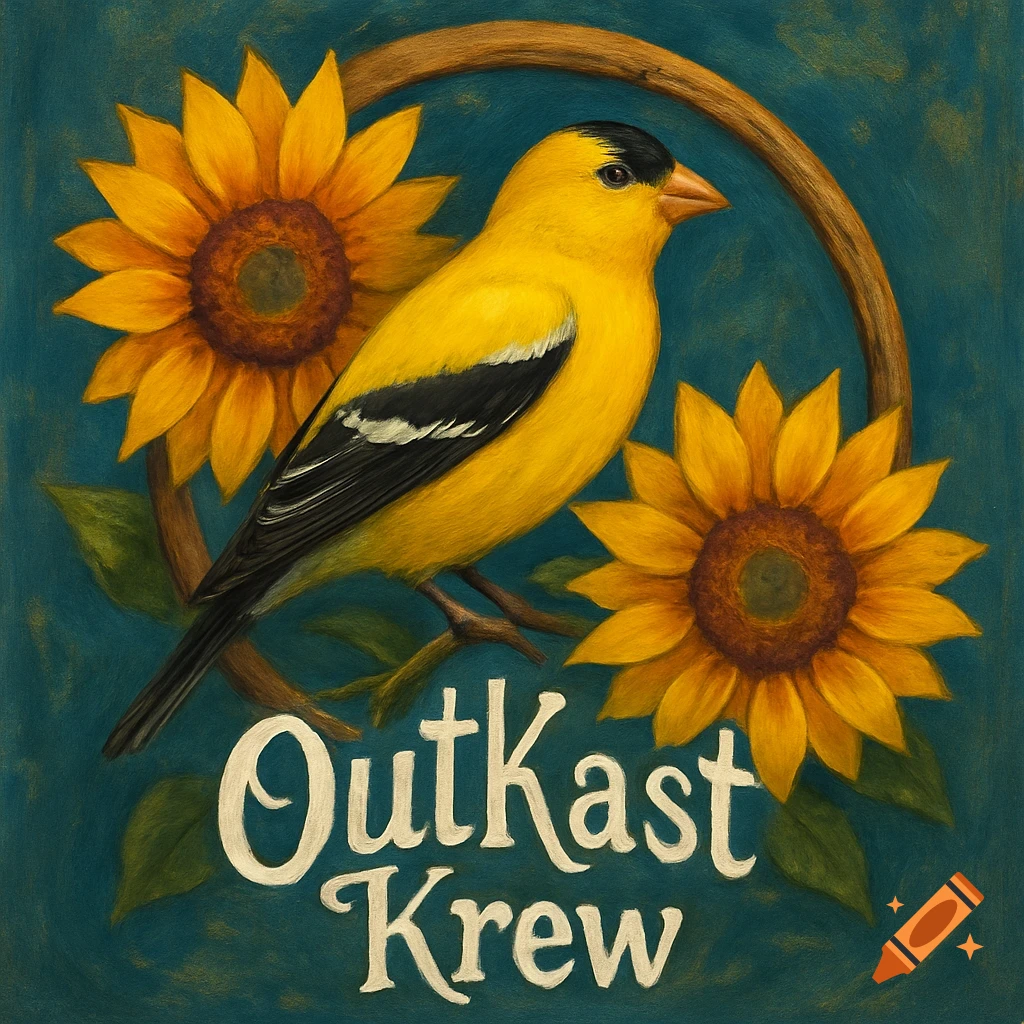 Illustration of a yellow finch bird perched on a branch with sunflowers and a ring behind it, with the words OutKast Krew.
