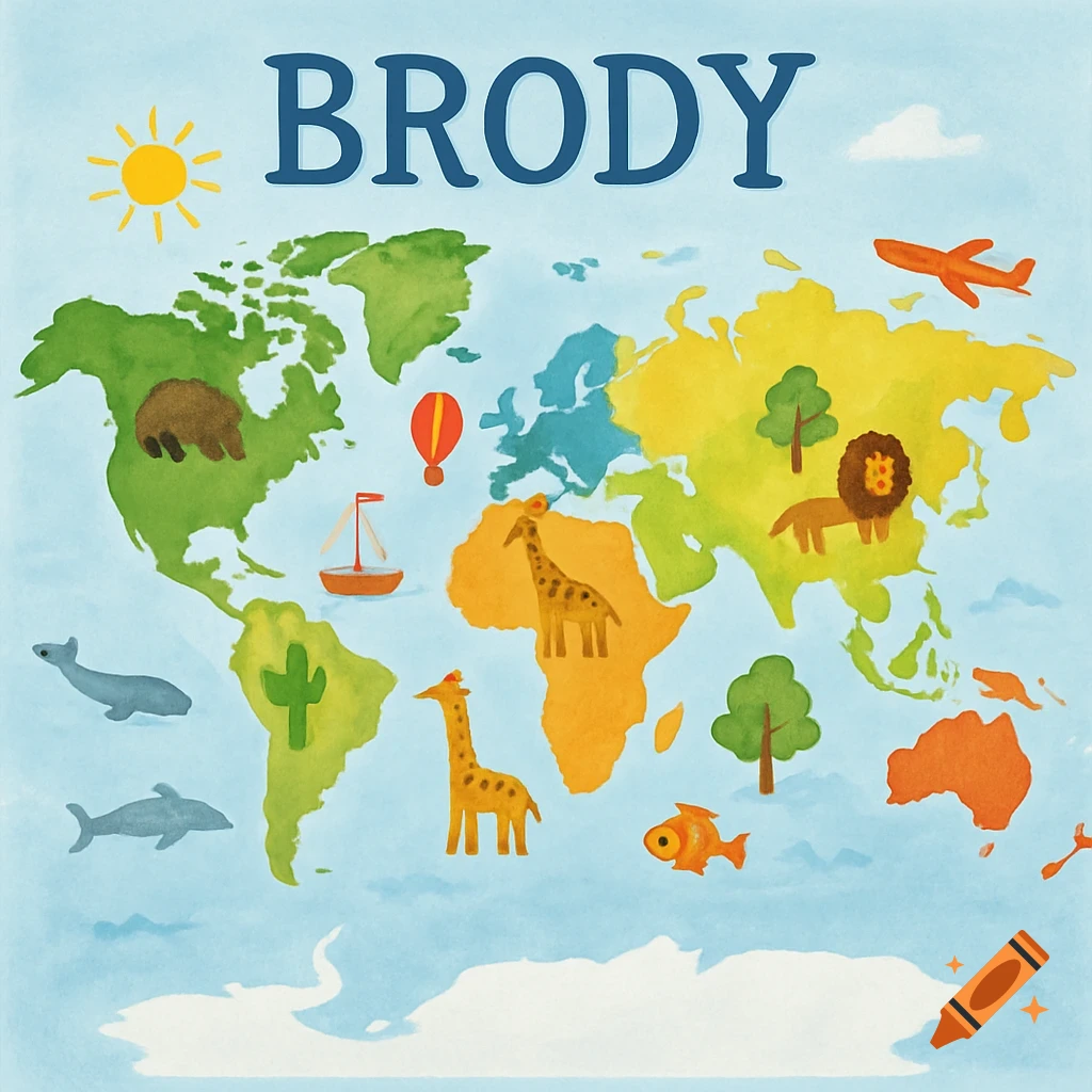Watercolor world map with animals, vehicles, and the name BRODY at the top.