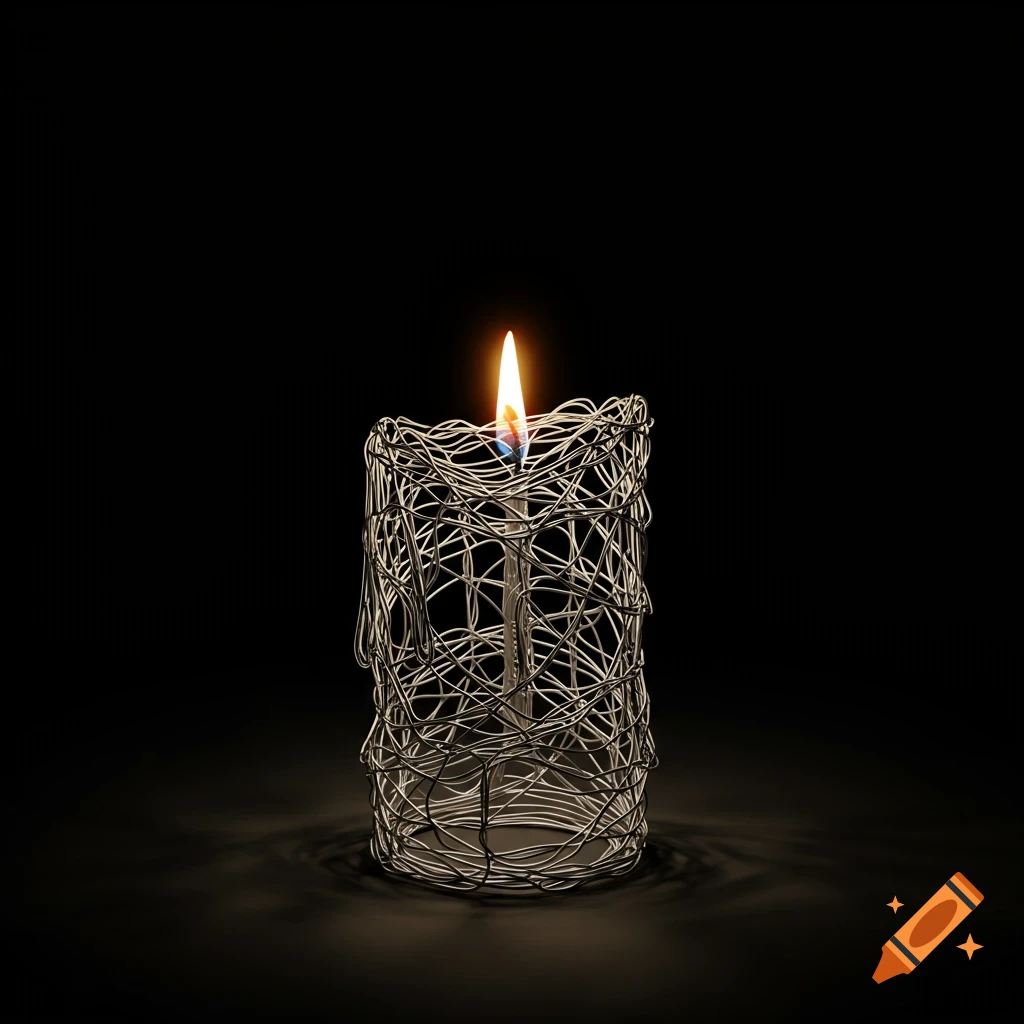 A sculpture of a candle made from twisted wire with a lit flame, on a black background.