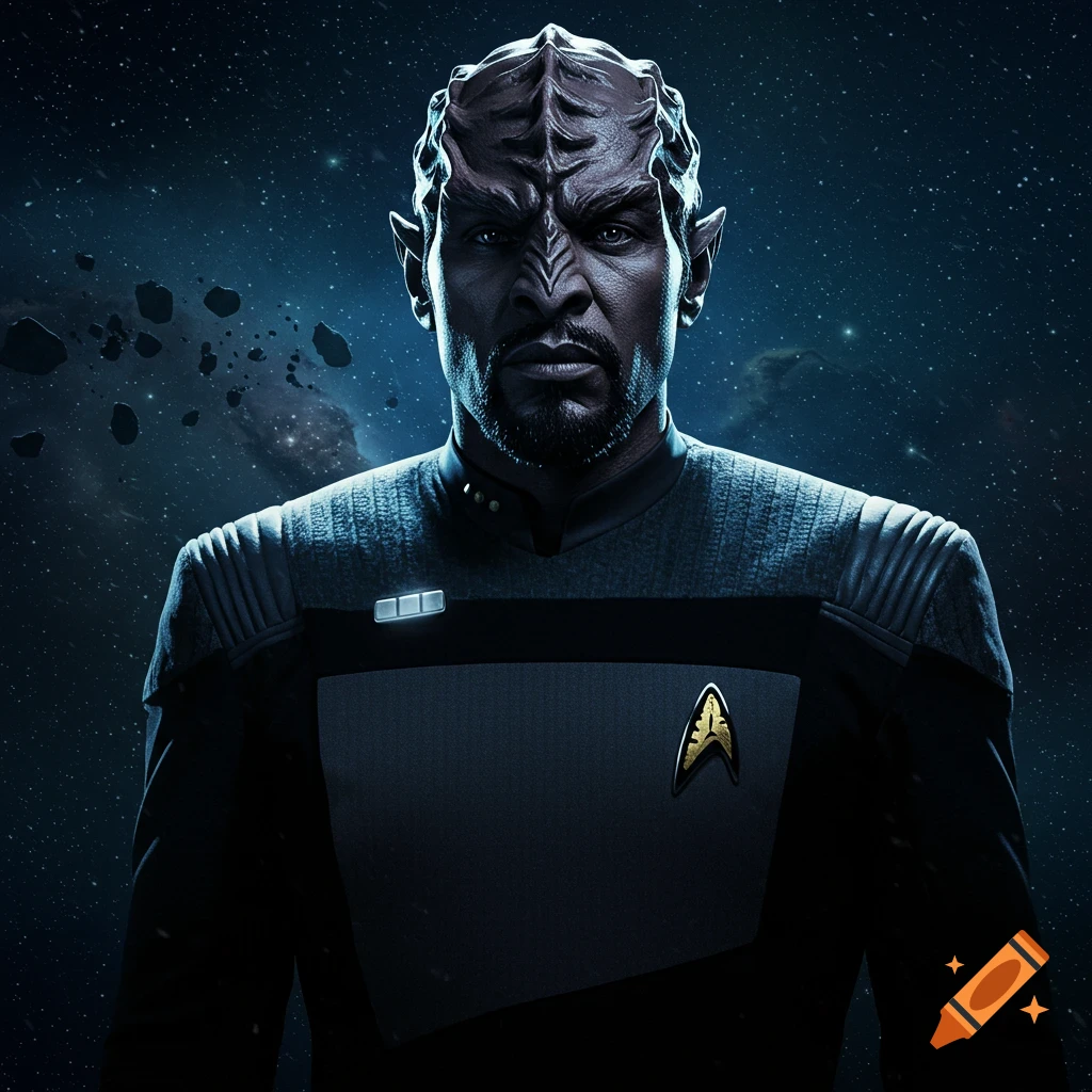 Photorealistic portrait of a Star Trek Klingon officer wearing a gray and black uniform with a Starfleet emblem.