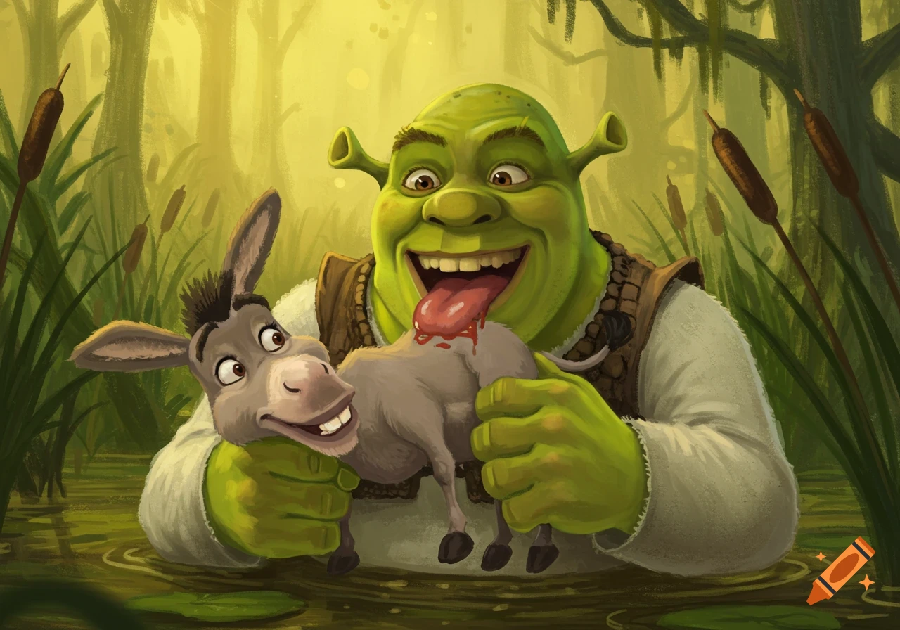 Shrek licking a donkey in a swamp, cartoon style.