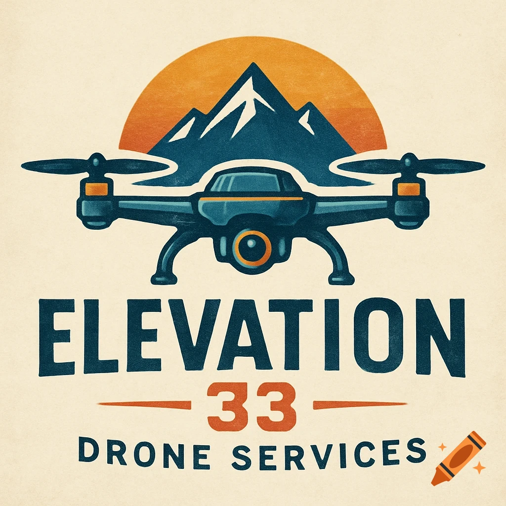 Logo with a drone over mountains and a sun, with text 'Elevation 33 Drone Services'.