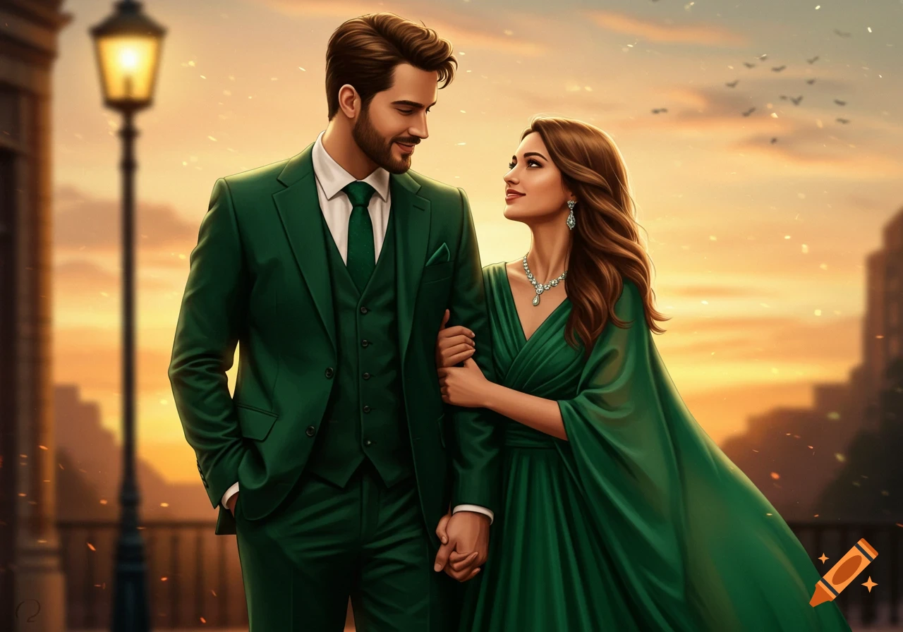 A beautiful couple wearing emerald green outfits stands holding hands at sunset.