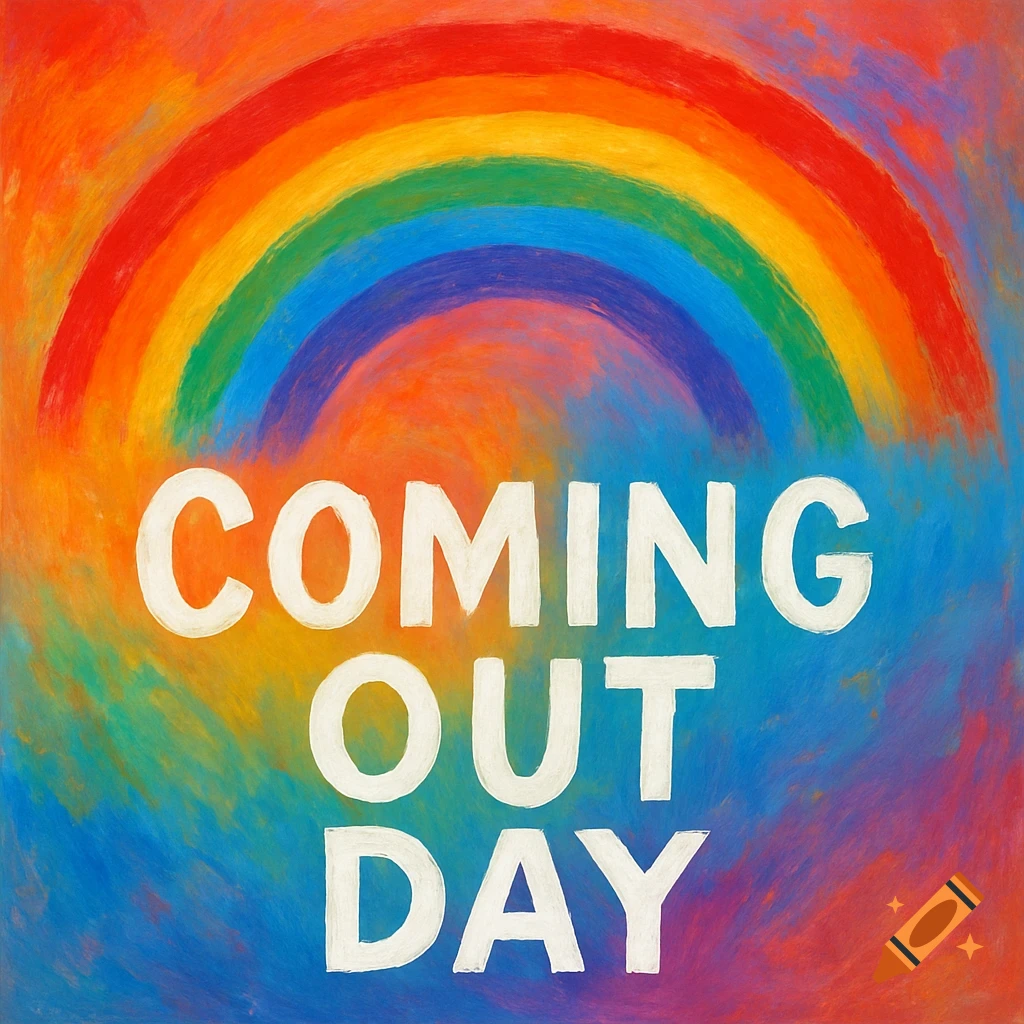 Colorful painting with a rainbow and the text 'COMING OUT DAY'.