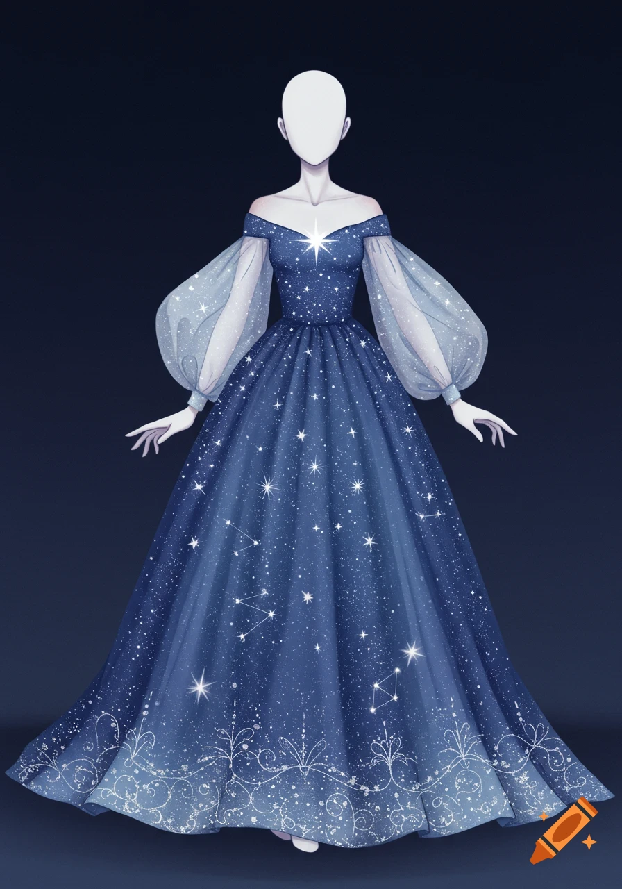 A dark blue fantasy gown with star and constellation patterns on a mannequin.