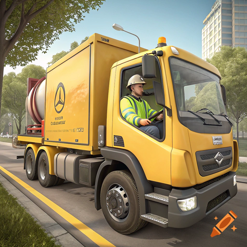 Yellow truck with a worker driving on a city street.