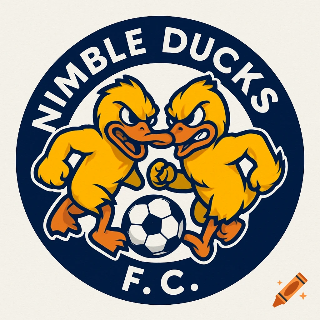 Logo of two cartoon ducks playing soccer for 'Nimble Ducks F.C.'.